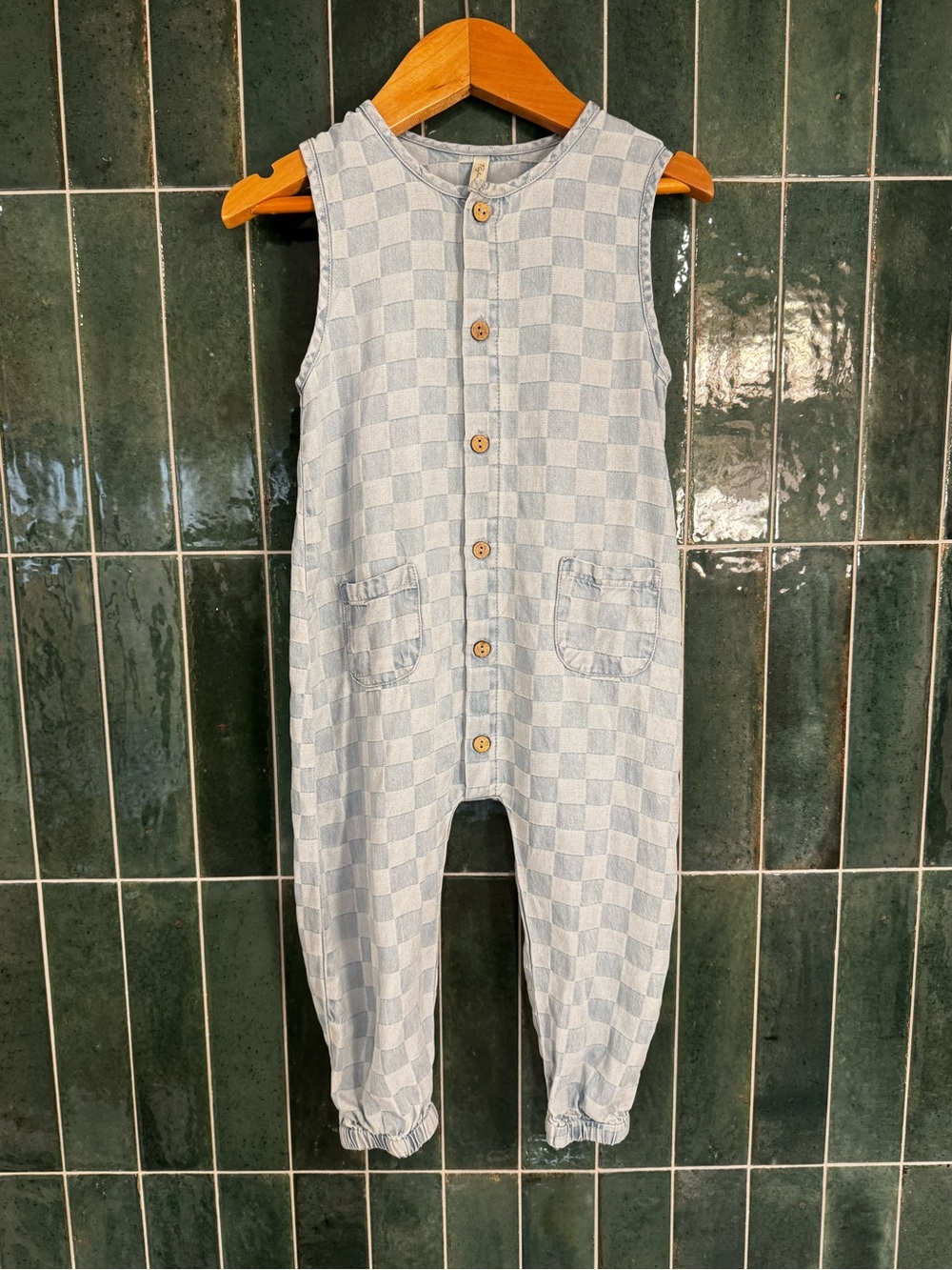 Rylee + Cru Light Blue Checkerboard Sleeveless Romper